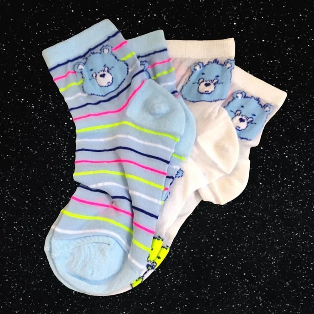 Care Bears‎ White Colorful Neon Print 2 Pairs Nylon Capri Socks NWT Nostalgia